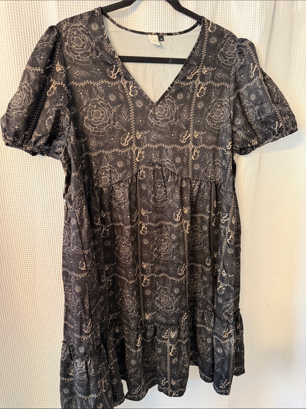 Black Floral Square-Panel Babydoll Dress